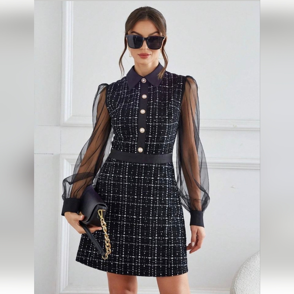 SHEIN Privรฉ Contrast Mesh Lantern Long Sleeve Dress Tweed Size Medium Nye